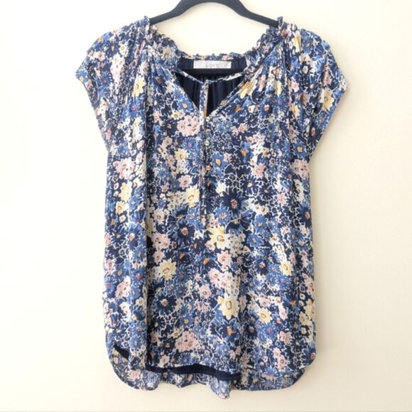 Loft Garden Button Tie Neck Floral Top Ruffles Size Medium - Picture 4 of 8
